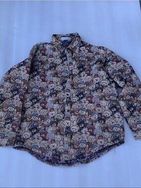 Teddy Bear Print Button-Down Shirt - Brown Multi
